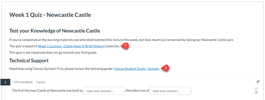 Screenshot of Canvas RCE in Quizzes with course materials and support links highlighted